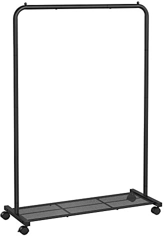 SONGMICS Portant à Vêtements à Roulettes, Porte-manteaux, Barre Supporte Jusqu’à 40 kg, avec Tringle, Étagère de Rangement en Maille, Style Industriel, pour Chambre, Buanderie, Noir HSR25BK