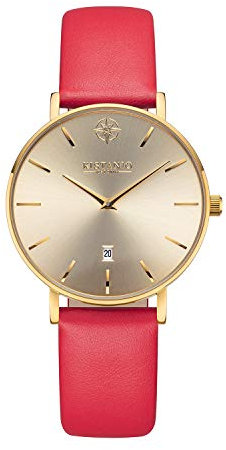 Kistanio Damenuhr Petit Goldfarben Edelstahl Saphirglas mit rotem Lederband GO-GOS-L-RTN