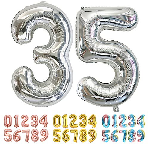 Ponmoo Luftballons Zahlen 35/53 Silber, Riesen Nummer 0 1 2 3 4 5 6 7 8 9 10-19 20-29 30-39 40 50 60 70 80 90 100, groß Folienballons für Hochzeit Jubiläum, Geburtstagsballons Party Dekoration