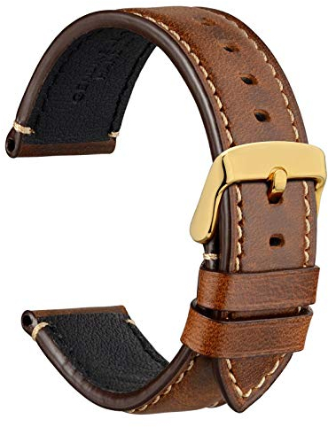 WOCCI 18mm Uhrenarmband für Business Uhren, Pull Up Leder, Polierte Goldene Schließe (Gold Braun)