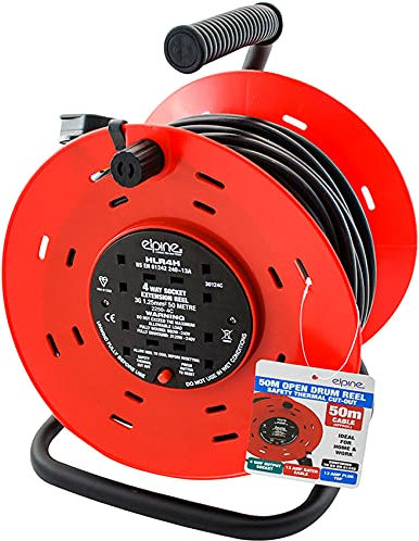 EPLINE 4 Way 50 Meters Open Drum Cable Extension Cord Reel Heavy Duty Lead Gang Mains Electrical Socket Wire Home Office Industrial Work DIY Garden USE Safety Thermal Cut-Out Reset UK Free P&P