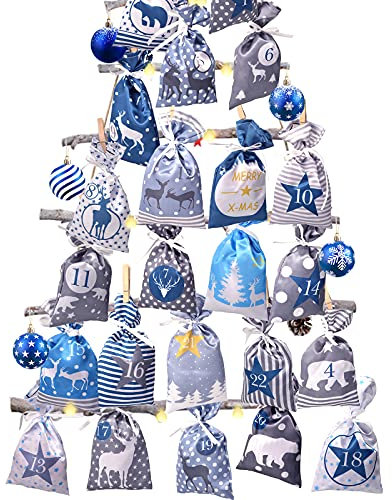 Adventskalender zum Befüllen Stoffbeutel, 24 stoffsäckchen Kette zum selber Basteln und Aufhängen, 2024 Weihnachtskalender zum selbst füllen mit Blau Grau Stoff Säckchen für Kinder junge männer