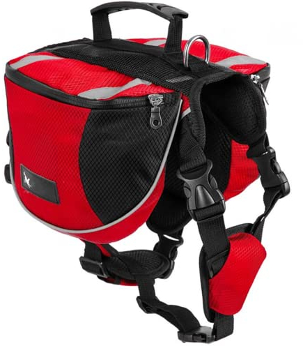 Satteltasche Hunderucksack für Mittlere Große Hunde, Packtaschen Rucksack für Reisen Wandern Training, Reflektierende Wasserdicht Verstellbare Kabelbaumweste mit Griff (rot, M (Hund 18 kg - 28 kg)