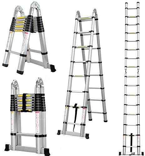 Échelle Telescopique 3,8m, Polyvalent Aluminium Échelle Télescopiques Portable Pliable Échelles Multi-Fonction Escamotable 12 Echelons Echelle Pliable Extensible Pliante Escabeau (1,9m+1,9m) Argent