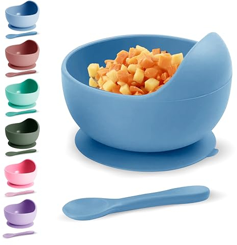 Xabono Bols pour bébé avec ventouse et cuillère en silicone sans BPA faciles à laver Bleu clair