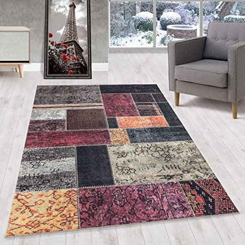 HomebyHome Kurzflor Teppich Wohnzimmer 160x230 cm, Vintage und Kariert Design, in Bunt - Orient Teppich, rutschfest, Waschbar und Weich - Ideal für Schlafzimmer, Esszimmer, Küche