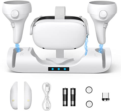 Verbesserte Ladestation mit LED-Licht für Oculus Quest 2, Ladestation mit 2 wiederaufladbaren Batterien für Meta Oculus Quest 2 Zubehör, Headset-Display-Ständer und Controller-Halterung, magnetisches