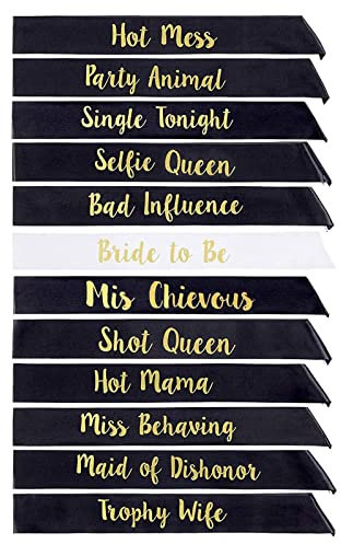 12 Stück Bride Tribe Schärpen Set 11 Schwarz mit 1 Weiß-Bride Schärpe Junggesellinnenabschied - Team-Braut und Mädchen-Nacht Heraus Favor