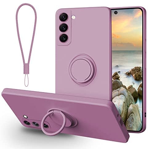 Galful Silicone Phone Case for Samsung Galaxy S22 with Wrist Strap,Samsung S22 Kickstand Case with Rotatable Ring Holder Support Magnetic Car Mount Slim Shockproof Soft Protective Cover,Dark purple