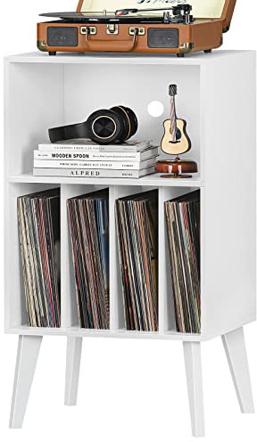 Lerliuo Record Player Stand，Vinyl Storage Cabinet Holds up to 160 Albums，Mid-Century Record Player Holder Table with Solid Wood Legs, White Turntable Stand with Storage Shelf for Bedroom Living Room