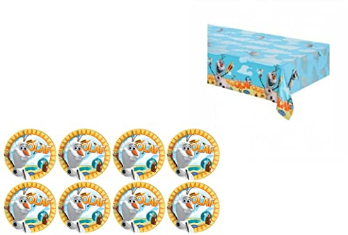 ALMACENESADAN, 4865, Pack Frozen Olaf compuesto por 8 platos de cartón 23cm y mantel 120x180 cm, ideal para fiestas y cumpleaños (8435510348656)