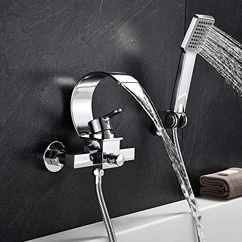 Water Taps,Faucet Sier Plating Wall Mounted Bathtub Waterfall Faucet with Hand Shower Bath Tub Mixer Taps Lavatory Bath Shower Faucet with Shower Arm Mount Hole Bathroom Shower System Set Cerami