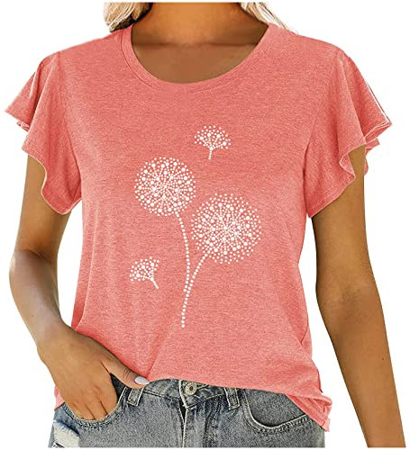 Zeiayuas Summer Tops for Women UK Clearance,Ladies Dandelion Print Shirts Flutter Sleeve Tops 2023 Elegant Casual Loose T-Shirts Spring Fashion Graphic Tee Crew Neck Ladies Blouses Size 18