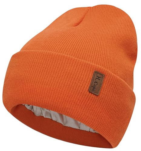 Bequemer Laden Damen Winter Warm Beanie Mütze Strickmütze mit Satin Gefüttert Thermo Wintermütze Lässig Mützen Cap, Orange