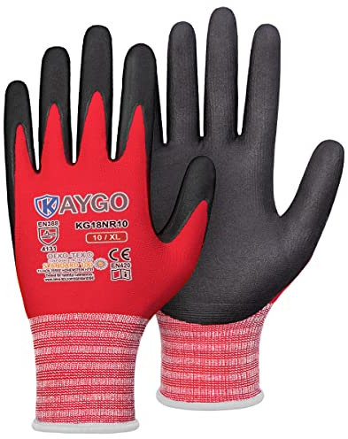KAYGO Safety Work Gloves MicroFoam Nitrile Coated 12 Pairs, KG18N, Seamless Knit Nylon Glove with Abrasion and Oil Resistant Grip, Ideal for General Purpose, Automotive, DIY (X-Large, Red)