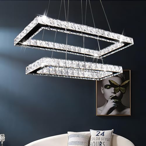 Finktonglan Kronleuchter, Moderner rechteckiger Kristallleuchter LED 2 Ringe Deckenleuchte Edelstahl Pendelleuchte für Esszimmer Wohnzimmer Schlafzimmer (6500K Kaltes Weiß)