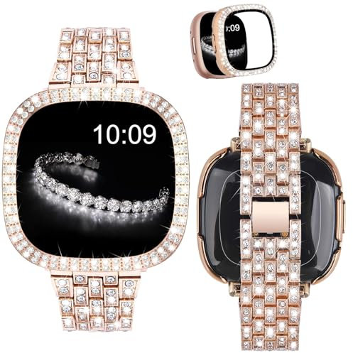 VISOOM Kompatibel mit Fitbit Versa 4/Sense 2 Armband mit Schutzhülle Frauen Mode niedlich Diamant Metall Armbänder für Fitbit Sense 2 Ersatzband,Rosegold