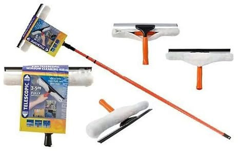 3.5M / 11 Feet Telescopic Extending Window Cleaner Kit Soft Head Window Squeegee Car Glass Cleaning Equipment Rubber Mop Long Aluminum Metal Pole long Handle 180 Degree Adjustable