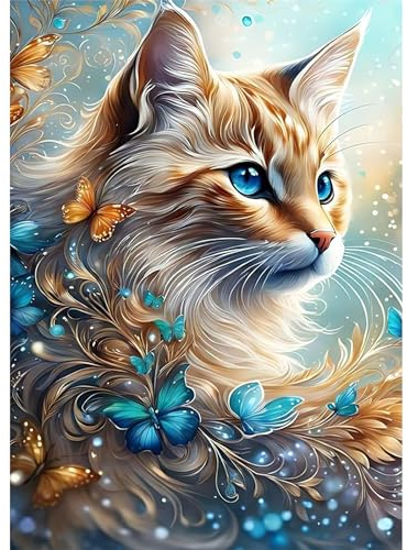 HEIBAGO Tiere Diamond Painting Für Anfänger, 5D Katze Full Drill Diamant Painting Erwachsene, DIY Cross Embroidery Diamant Kunst Sets Schmetterling Diamond Art Bilder Für Wanddekor 30 * 40cm