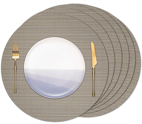 Banchif Tischsets Rund, Tischsets Abwaschbar 6er Set Platzdeckchen PVC Rund rutschfest Platzsets Abwischbar Gewebte Vinyl Platzsets Durchmesser 38 cm, Silber Gold