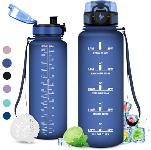 Gourde 1.5L, Gourde Graduée pour 1 Journee, Réutilisable, Gourde Sport, sans BPA, avec Marqueur de Temps, Gourde Motivation pour Adulte, Cyclisme, Bureau, l'école, Camping, la randonné, Running
