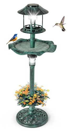 SOARS Vogeltränke mit Solarleuchte, Vogelbad mit Blumentopf & Vogelfutterhaus, Vogelfutterstation Retro inkl. 3 Befestigungsnägels, wetterbeständig für Balkon, Garten & Wald(Grün)