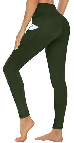 CAMPSNAIL Leggings for Women UK with Pockets High Waisted Ladies Black Sport Stretchy Gym Trousers Running Soft Tummy Control Yoga Pants Workout Hiking(Grenn,L/XL)