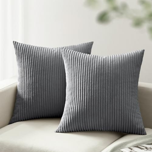 mosayt Kissenbezug 35x35 Dunkelgrau 2er Set Cordsamt gestreiftes Muster Kissenbezüge Kissenhülle Dekokissen Sofakissen Couchkissen Winter Deko Kissenhüllen Bett Schlafzimmer