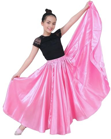 Baisdan Jupe de Danse Orientale pour Fille, Jupe Longue en Satin Brillant pour Danse du Ventre, Flamenco et Spectacles Rose 8-12 Ans