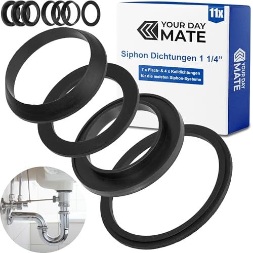 Dichtungsset für 1 ¼ Siphons, 4 x Keildichtung, 7 x Flachdichtung, aus Gummi, in Schwarz, für Bad, Küche, Waschbecken Dichtung, Abfluss Dichtringe 1 1/4 Zoll, Dichtungsringe Geruchsverschluss Siphon