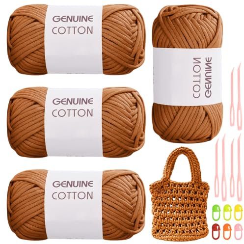 RANJIMA Braunes Garn, 4 Stück Einfach Garn, Häkelgarn für Anfänger, Gut Sichtbare Maschen Garns Zum Häkeln mit Häkelzubehör, Baumwoll-Nylon-Garns für Kleidung, Decken, Taschen, Pullover