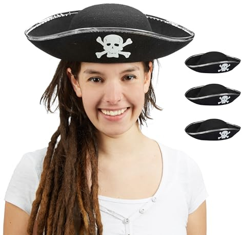 Relaxdays Piratenhut, 4er Set, Damen & Herren, Piratenaccessoire für Fasching, Karneval, Dreispitz Hut, schwarz/silber