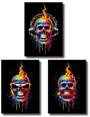 3-teiliges Poster-Set DIN A2 | Totenköpfe inspiriert von den 3 Affen (Nichts sehen, nichts hören, nichts sagen) | Bunte Flammen, Neonfarben | Wanddeko für Wohnzimmer, Büro & Gaming-Room