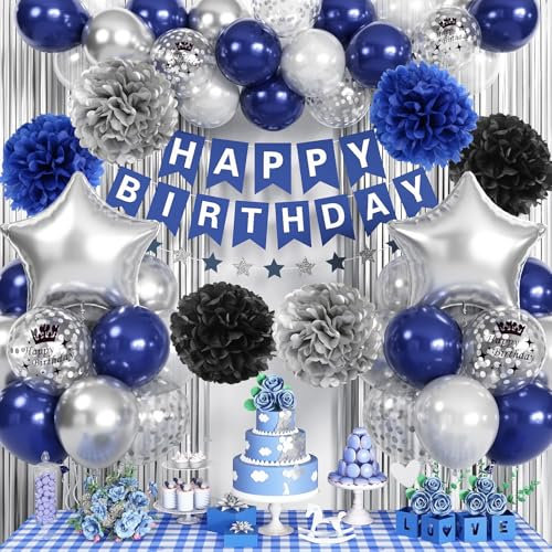 Geburtstagsdeko Blau Mann Jungen, Deko Geburtstags Blau Silber, Happy Birthday Banner Girlande Luftballons Silber Blau Folie Fransen Vorhänge Pompons für Frauen Mädchen Geburtstag Party Deko Blau
