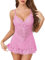 Vlazom Lingerie Donna Sexy Babydoll Negligée in Pizzo con Motivo Farfalla Fiocco e G-String Mini Trasparente，Rosa，L