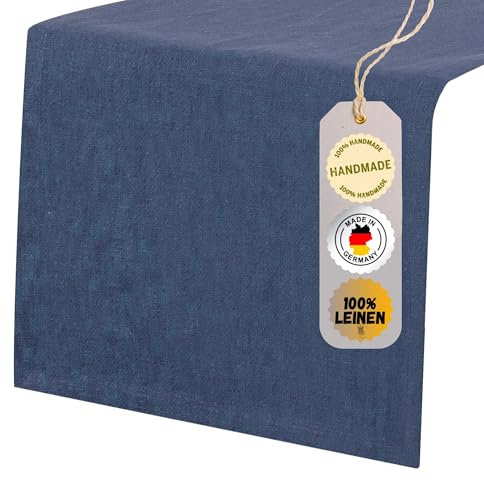chambry Tischläufer 100% Leinen Stonewashed – Handarbeit Made in Germany – Größe und Farbe wählbar – natürliche und hochwertige Tischdekoration aus Naturmaterial Blau 45cm x 340cm