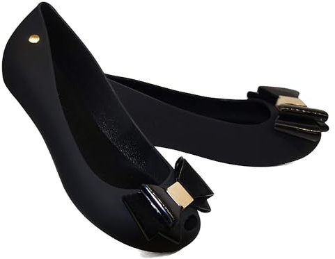 Bismaa Womens Black Jelly Ballerina Pumps with Bow - Ladies Comfy Slip-On Casual Wear Every-Day Jelly Ballet Flat Shoes, 5 UK