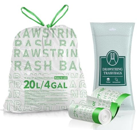 OKKEAI 90 Sacs Poubelle 20L Blanc avec Poignées Coulissantes - Sac Poubelle Ultra Résistants, Prédécoupés, Antiperforation, Étanchéité Maximale, Fond Anti-Fuite, pour Cuisine, Salle de Bain et Salon