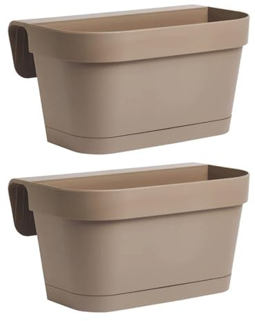 EffeDecor Set 2 PZ Vaso Balconiera in Resina Con Sottovaso e Distanziale per Piante Fiori Fioriera Ideale per Balconi,Terrazzo,Muretto,Ringhiera (Tortora, 46x16xH19 cm)