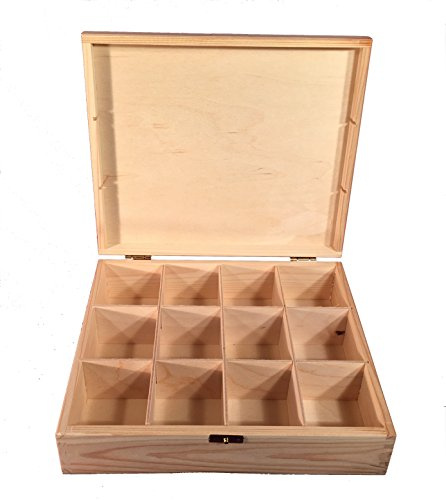 Wooden tea box with 12 compartments – unfinished organizer for storing tea bags, jewelry, and crafts – ideal for decoupage and DIY projects