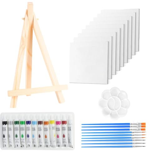 Mini Leinwand, Kleine Leinwände Mit Staffelei, 10cm Malerset Mit 9 Leinwänden, 1 Staffelei, 12 Acrylfarben, Pinseln und Palette, Ideal für Kinder und Kreativität, Zum Zeichnen Tisch Deko Basteln