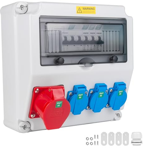 Pjerjzn Starkstromverteiler Construction Power Distributor 5-Pin SchukSteckdose CEE-Steckdose Unterverteilung [FI/LS] VDE-zertifiziert für Baustelle/Industrie (1X16A 3X16A LS)