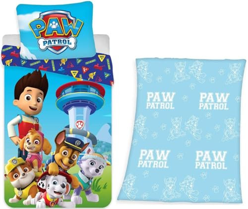 PAW Patrol Wende-Bettwäsche-Set 135x200 80x80 und Glow in The Dark Fleece-Decke 130x160
