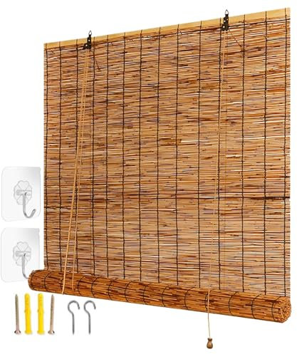 Gzaebji Cortinas Bambu Exterior Persianas De Caña Enrollables Natural 50 65 80 90 100 115 130 145 160 180cm Fácil De Instalar Persianas Romanas Blackout Estor Bambu para Terraza Cocina Jardín Porche