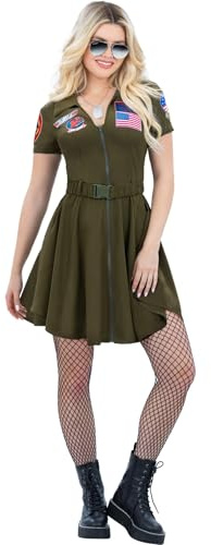 Smiffys Top Gun Ladies A-Line Dress Costume, Official Licensed Top Gun Movie Outfit, Green Military Dress with Belt & Pilot Badges, Women’s Aviator Halloween Fancy Dress, 80s Film Party, Xlarge