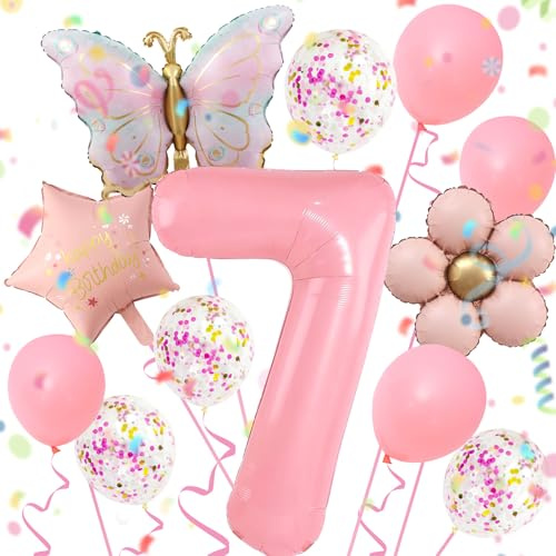 12 Stück 7 Jahre Schmetterling Geburtstag Deko | mit Luftballon Blume, Schmetterling Folienballon 7 Jahre, Schmetterlinge Luftballon 7, Bunt Schmetterlinge Geburtstagsdeko
