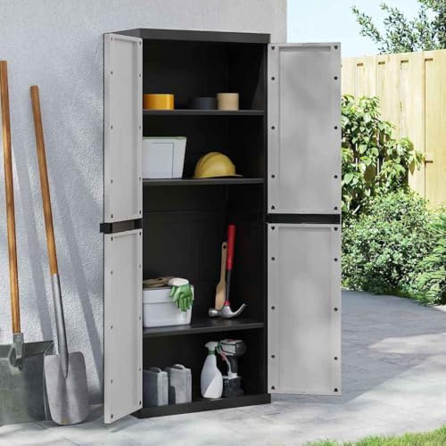 Runheo Gartenschrank Grau und Schwarz 65x37x165 cm, PP Polypropylen, Robuster Geräteschrank mit Einlegeboden, Abschließbar, Witterungsbeständig für Garten, Balkon, Terrasse, Viel Stauraum