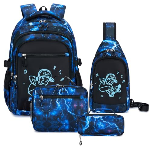 Amythe Schulrucksack Jungen Teenager, 4-tlg. Schulranzen ab 3. Klasse | Schultasche Set für Jungen mit Brusttasche Brottasche Federmappe, Stilvoll Rucksack Schule Tagesrucksäcke, Blau, Schulstart
