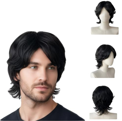 ZMIYIAC Black Mullet Wig for Men, Men's Curly Wig 70s 80s Wigs for Men Wigs Fancy Dress Pop Rock Hippie for Carnival Halloween Party Daily Use (Black)