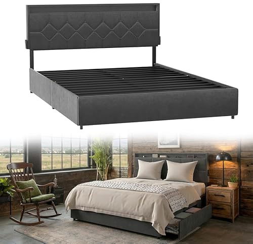 VA-Cerulean Polsterbett 140x200 Samt mit Stauraum, Doppelbettgestell Stauraumbetten Bettgestell mit 4 Schubladen Metallbett Doppelbett für Erwachsene & Jugendliche Ohne Matratze Dunkelgrau